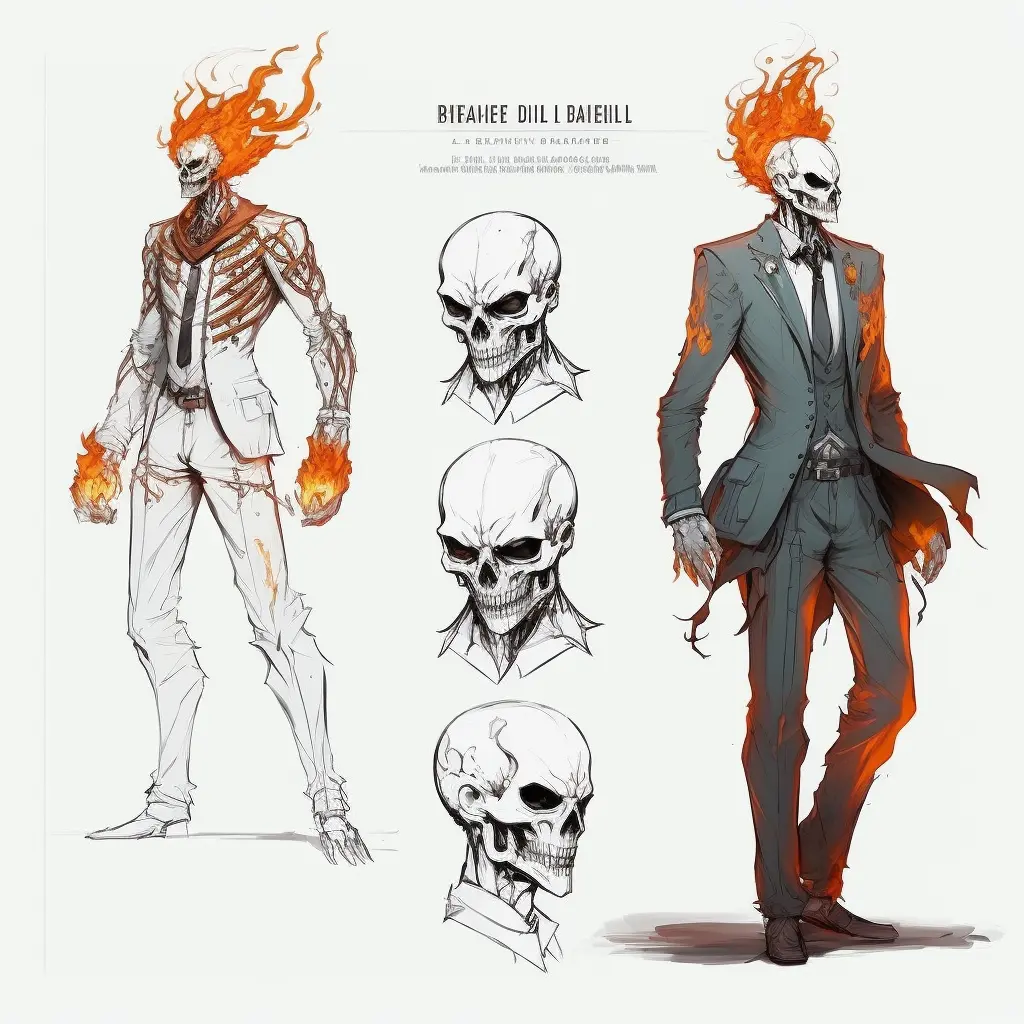 flaming skull and suit character design, concept design sheet, white background